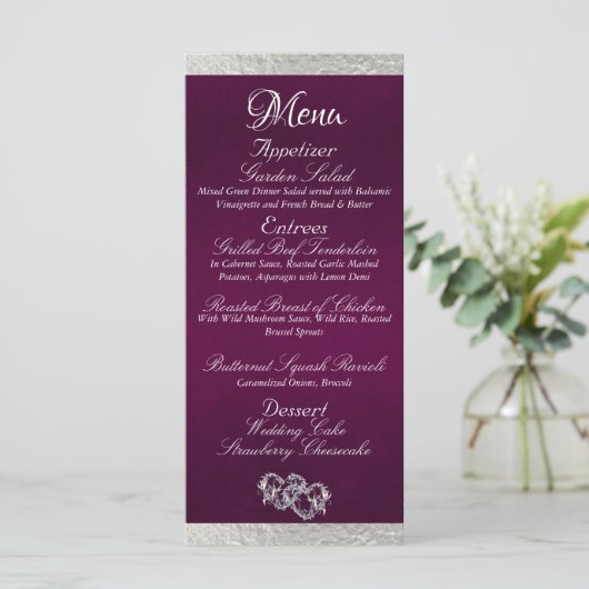 Hearts & Monogram - Paarse/zilveren bruiloft Menu (Staand voorkant)
