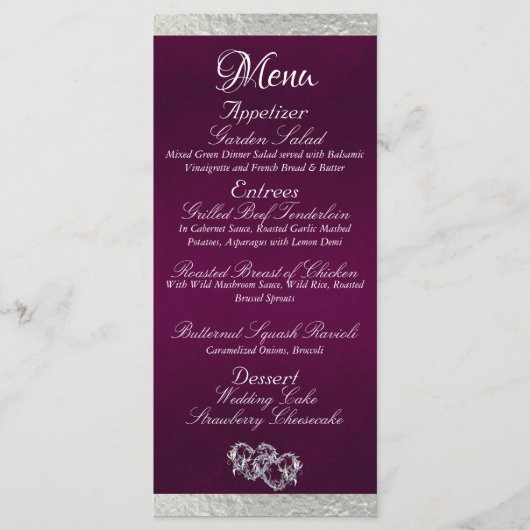 Hearts & Monogram - Paarse/zilveren bruiloft Menu (Voorkant)