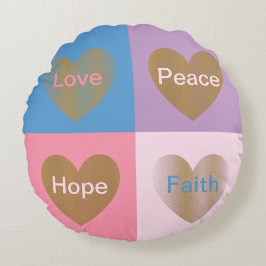 Hearts of Faith Love Hope Peace Rond Kussen (Voorkant)