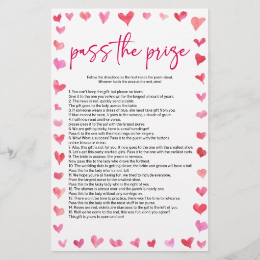 Hearts Pass The Prize Bridal Shower Game  Briefpapier (Voorkant)