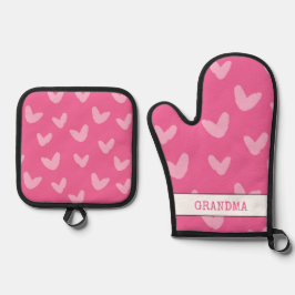 Hearts Pattern Pink Sweet Love Artisan GRANDMA Ovenwant & Pannenlap Set