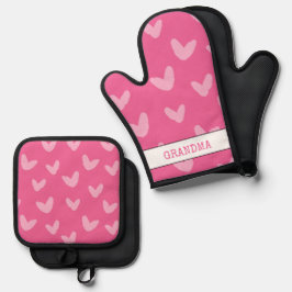 Hearts Pattern Pink Sweet Love Artisan GRANDMA Ovenwant & Pannenlap Set