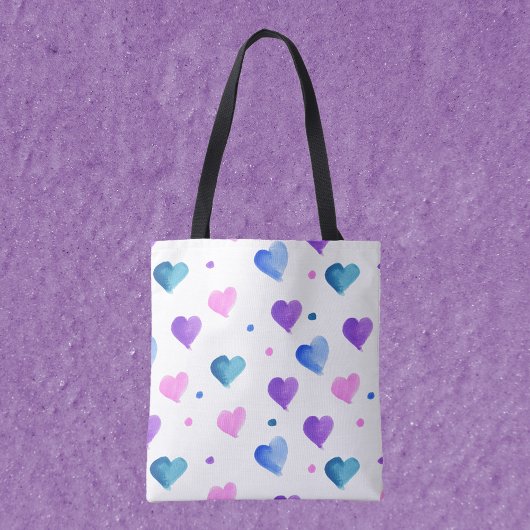 Hearts Pattern Waterverf Roze Blauw Paarse Tote Bag