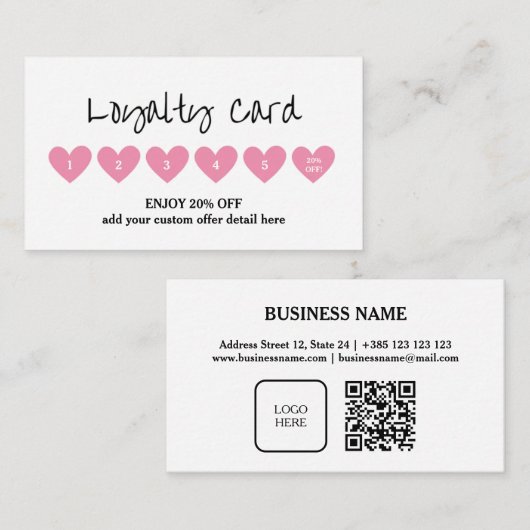 Hearts Roze Minimalistische QR Code Loyalty Kaart (Voorkant / Achterkant)