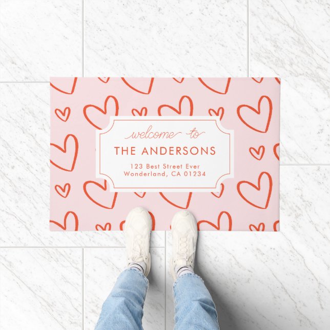 Hearts - roze & rood familieadres deurmat (Binnen)