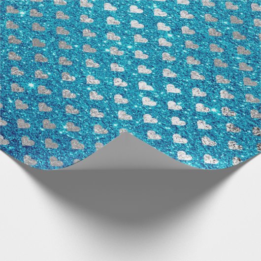 Hearts Silver Grey Glitter Turquoise Ocean Blue Cadeaupapier (Hoek)