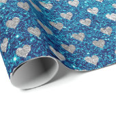 Hearts Silver Grey Glitter Turquoise Ocean Blue Cadeaupapier (Rol Hoek)