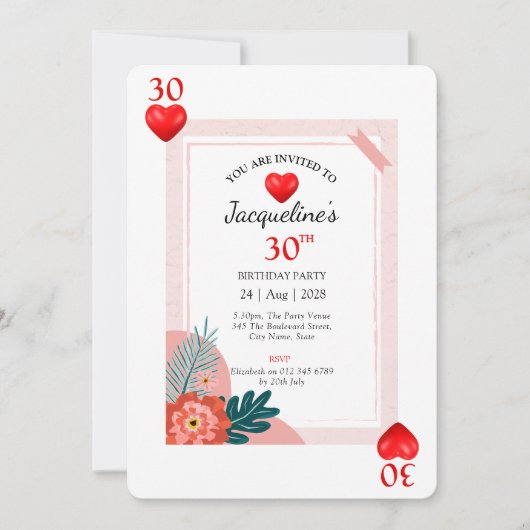 Hearts spelen Kaart 30e verjaardagsfeestje uitnodi (Voorkant)