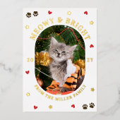 Hearts Stars Paws Meowy Bright Cat Christmas Gold Folie Feestdagenkaart (Voorkant)