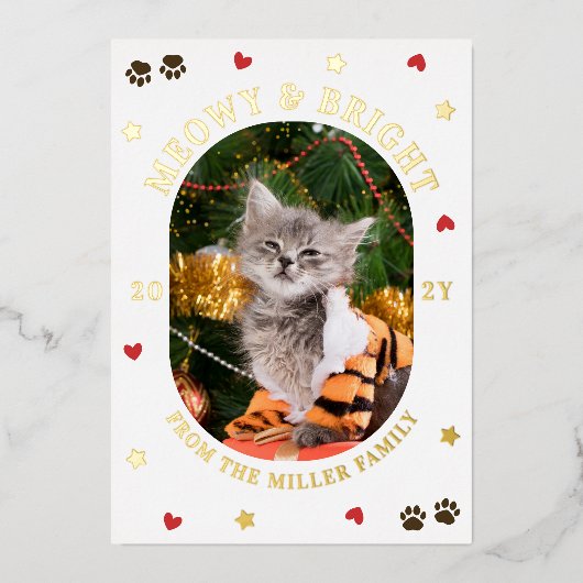 Hearts Stars Paws Meowy Bright Cat Christmas Gold Folie Feestdagenkaart (Voorkant)