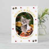Hearts Stars Paws Meowy Bright Cat Christmas Gold Folie Feestdagenkaart (Staand Voorkant)