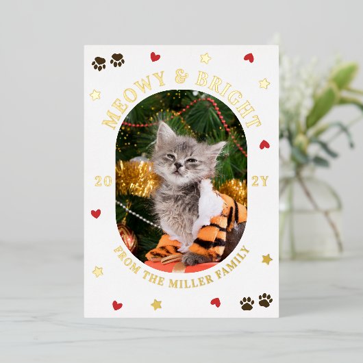 Hearts Stars Paws Meowy Bright Cat Christmas Gold Folie Feestdagenkaart (Staand Voorkant)
