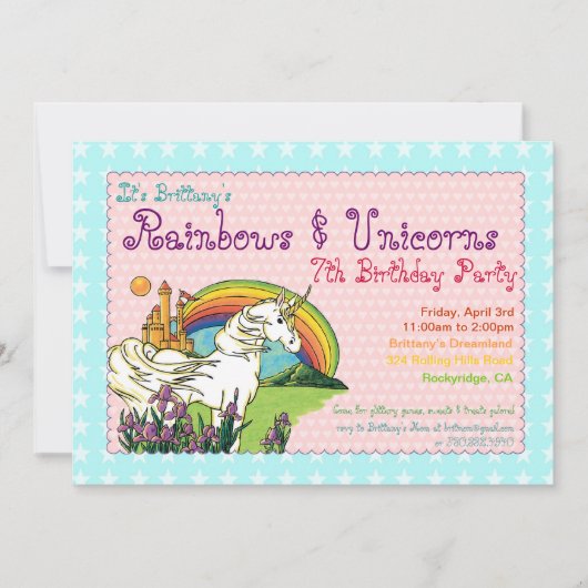 Hearts Stars Rainbow en Unicorns Invitation Kaart (Voorkant)