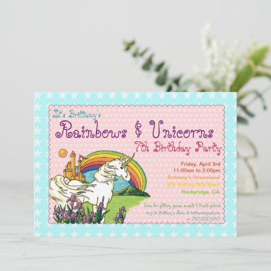 Hearts Stars Rainbow en Unicorns Invitation Kaart (Staand voorkant)