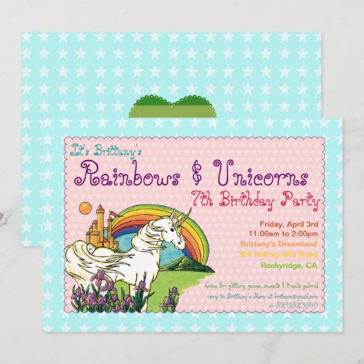 Hearts Stars Rainbow en Unicorns Invitation Kaart (Voorkant / Achterkant)