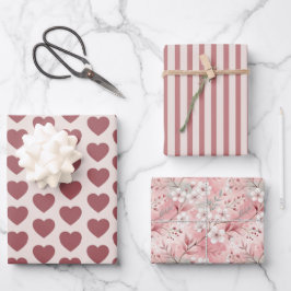 Hearts, Stripes, Sakura Pink Burgundy Inpakpapier Vel