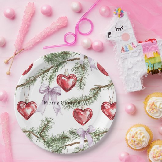 Hearts Trees Red Purple Bows Christmas Papieren Bordje (Feest)