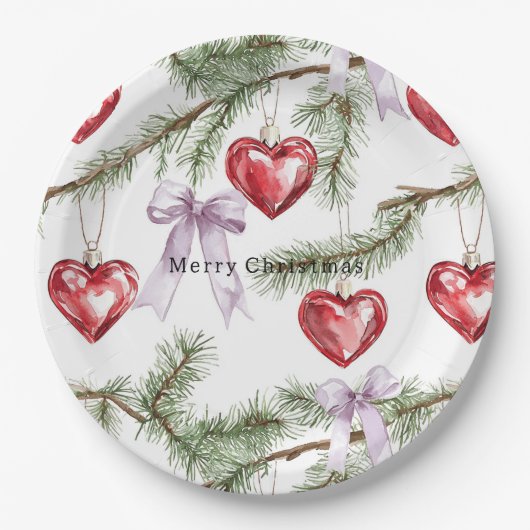 Hearts Trees Red Purple Bows Christmas Papieren Bordje (Voorkant)