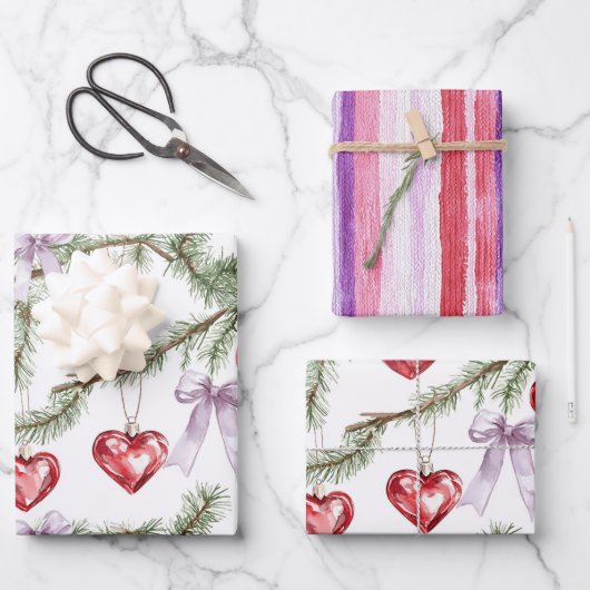 Hearts Trees Red Purple Bows Stripes Christmas Inpakpapier Vel (Voorkant)