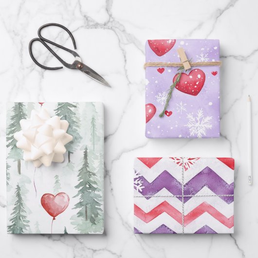 Hearts Trees Snowflakes Red Purple Christmas Inpakpapier Vel (Voorkant)