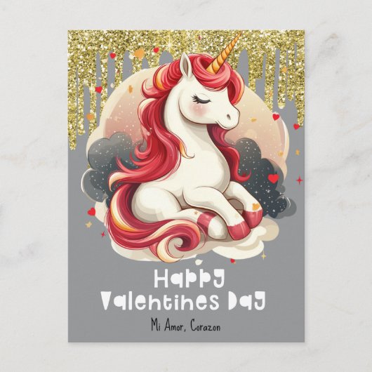 Hearts Valentijnsdag Unicorn Glitter Briefkaart (Voorkant)