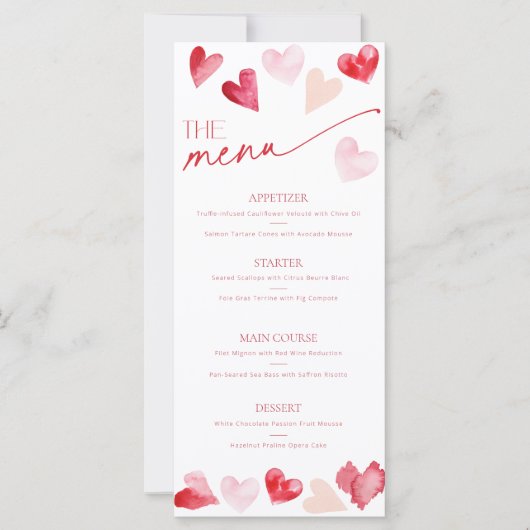 Hearts Valentines Day Food and Drinks Menu Card (Voorkant)