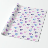 Hearts Waterverf Pattern Roze Blauw Paarse Cadeaupapier (Uitgerold)
