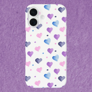 Hearts Waterverf Pattern Roze Blauw Paarse iPhone 16 Hoesje