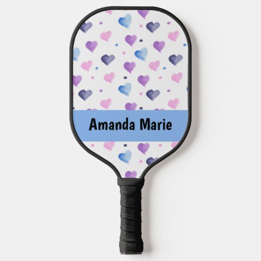 Hearts Waterverf Personaliseer Roze Blauw Paarse Pickleball Paddle (Voorkant)