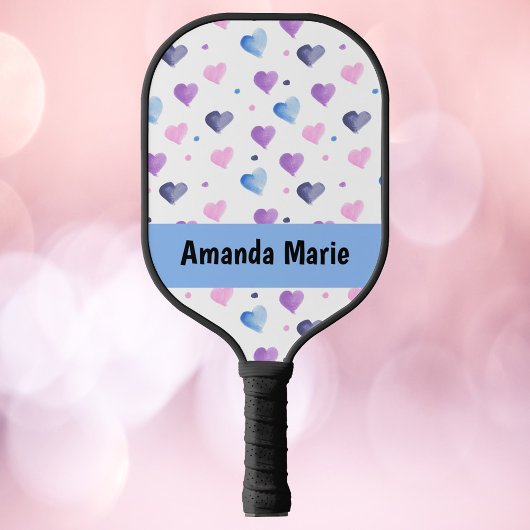 Hearts Waterverf Personaliseer Roze Blauw Paarse Pickleball Paddle