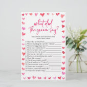 Hearts What Did The Groom Say? Bridal Shower Game  Briefpapier (Staand voorkant)