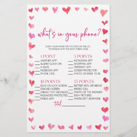 Hearts What's In Your Phone? Bridal Shower Game  Briefpapier (Voorkant)