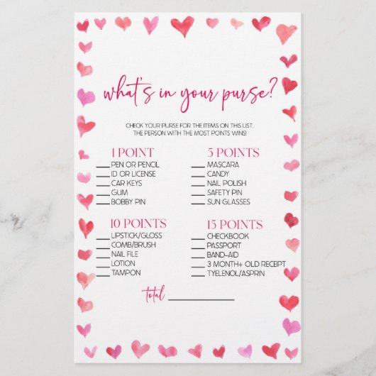 Hearts What's In Your Purse? Bridal Shower Game  Briefpapier (Voorkant)