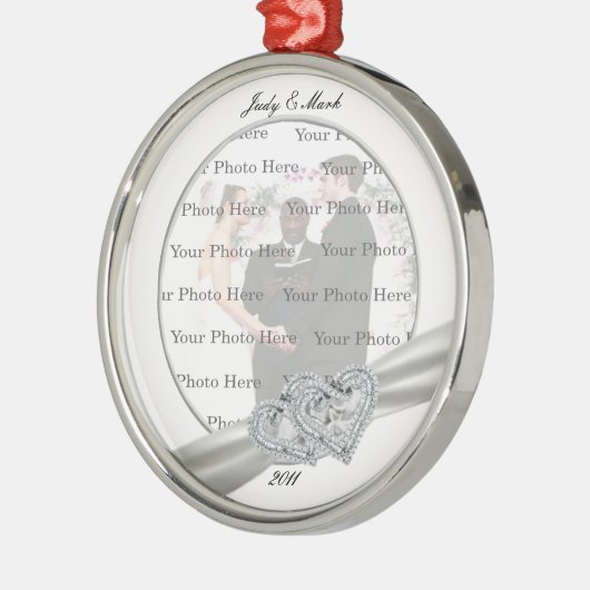 Hearts White Wedding Round Silver Ornament (Links)