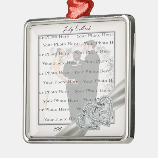 Hearts White Wedding Square Silver Ornament (Links)