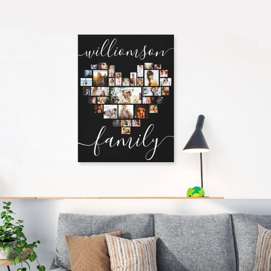 HeartShaped Photo Collage Family Script Caligraphy Canvas Afdruk