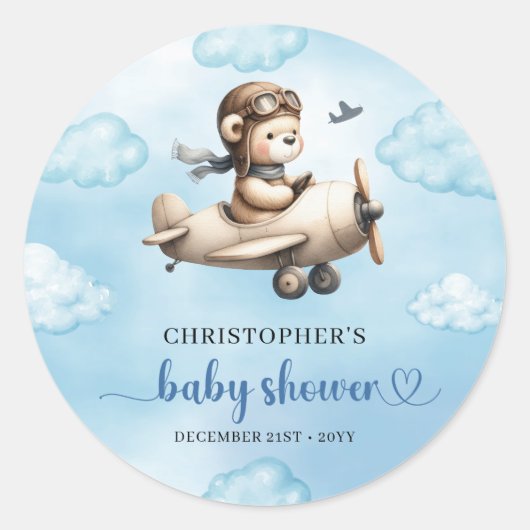 Heartwarming Boy Shower Bear Pilot Cute Label (Voorkant)