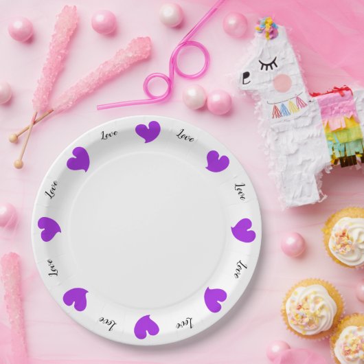 Hearty Hearts Purple - Custom Text Paper Plates Papieren Bordje (Feest)