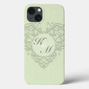 HeartyChic Lime Green linen Damask Heart iPhone 13 Hoesje