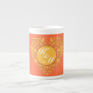 HeartyParty Oranje en Geel Damask Heart Porselein Kop