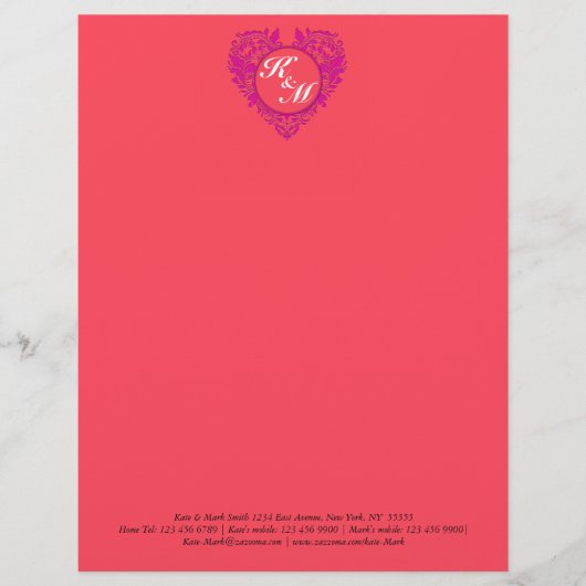 HeartyParty Raspberry en Magenta Damask Heart Briefhoofd Ontwerp (Voorkant)