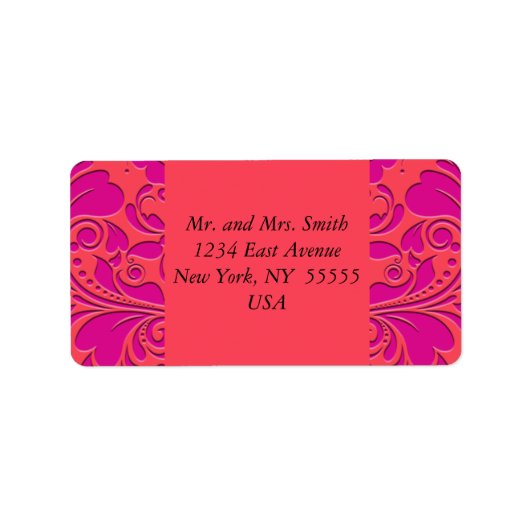 HeartyParty Raspberry en Magenta Damask Heart Etiket (Voorkant)