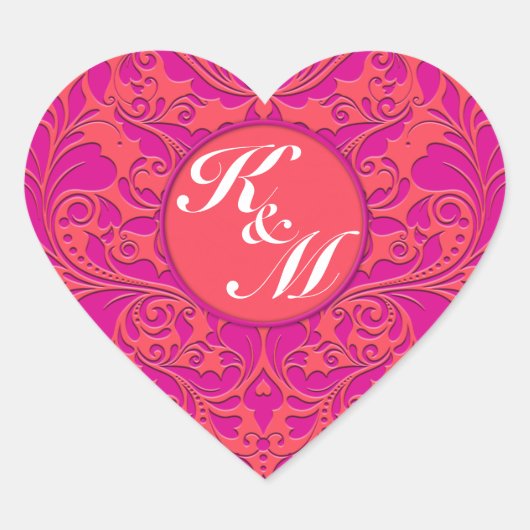 HeartyParty Raspberry en Magenta Damask Heart Hart Sticker (Voorkant)