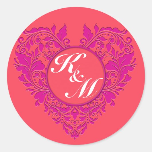 HeartyParty Raspberry en Magenta Damask Heart Ronde Sticker (Voorkant)