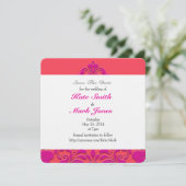 HeartyParty Raspberry en Magenta Damask Heart Save The Date (Staand voorkant)