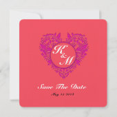 HeartyParty Raspberry en Magenta Damask Heart Save The Date (Achterkant)