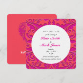 HeartyParty Raspberry en Magenta Damask Heart Save The Date (Voorkant / Achterkant)