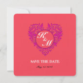 HeartyParty Raspberry en Magenta Damask Heart Save The Date (Achterkant)