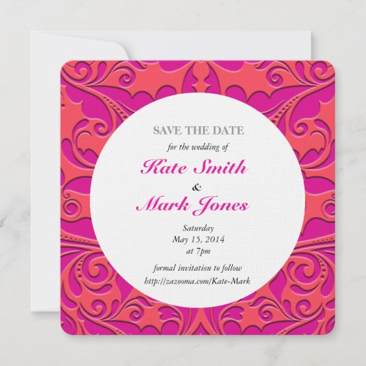HeartyParty Raspberry en Magenta Damask Heart Save The Date (Voorkant)