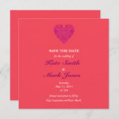 HeartyParty Raspberry en Magenta Damask Heart Save The Date (Voorkant / Achterkant)